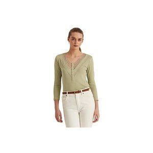 RALPH LAUREN Womens Green Lace 5 Button Placket V Top Green Size XL MSRP $80